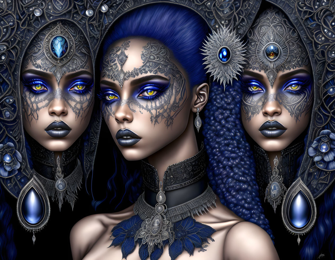 Three women with silver and blue headpieces and jewelry, blue skin, and facial markings against dark background