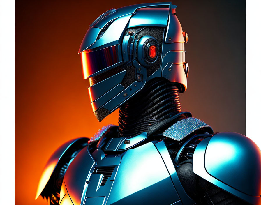 Futuristic robot with metallic blue armor and glowing red eye