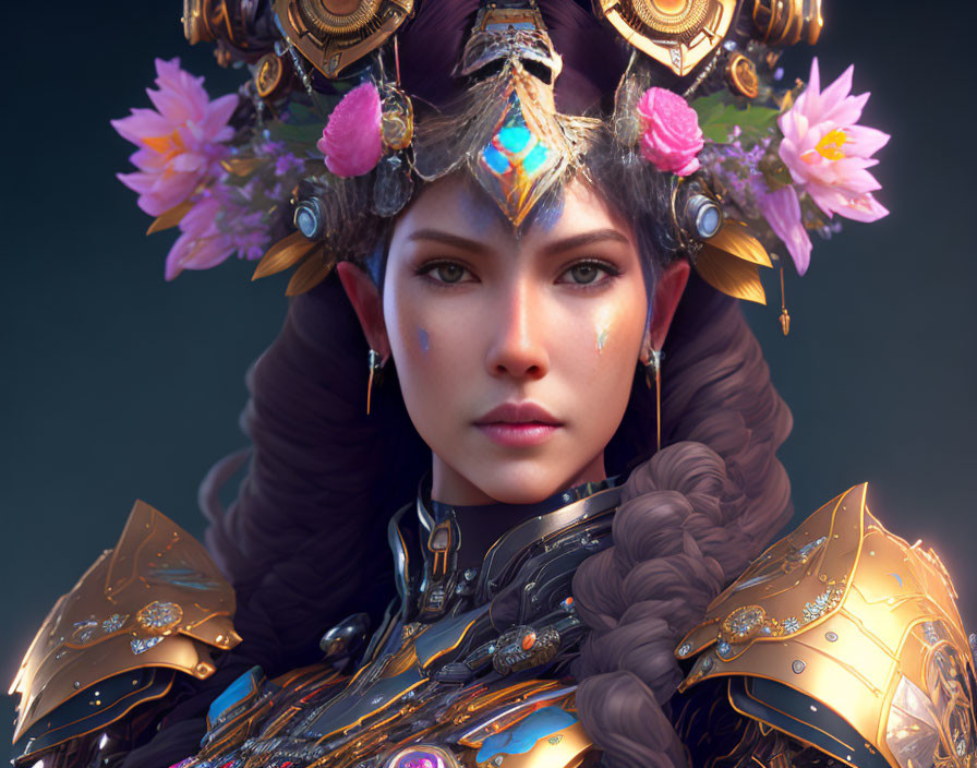 Elaborate fantasy armor and headdress on a woman portrait