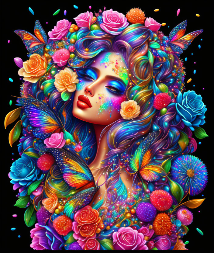 Colorful woman illustration with floral hair and butterflies on dark background