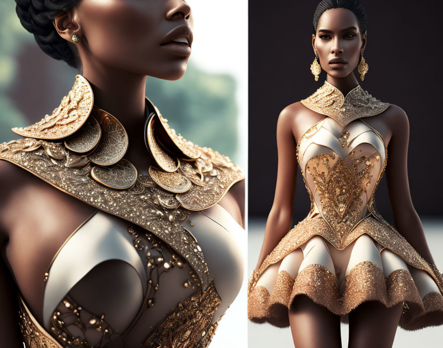 Digital art: Woman in gold and white armor-like dress with regal collar