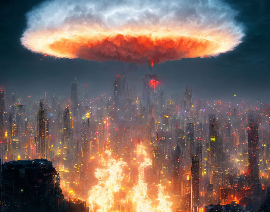 City engulfed in flames with towering mushroom cloud in dark sky