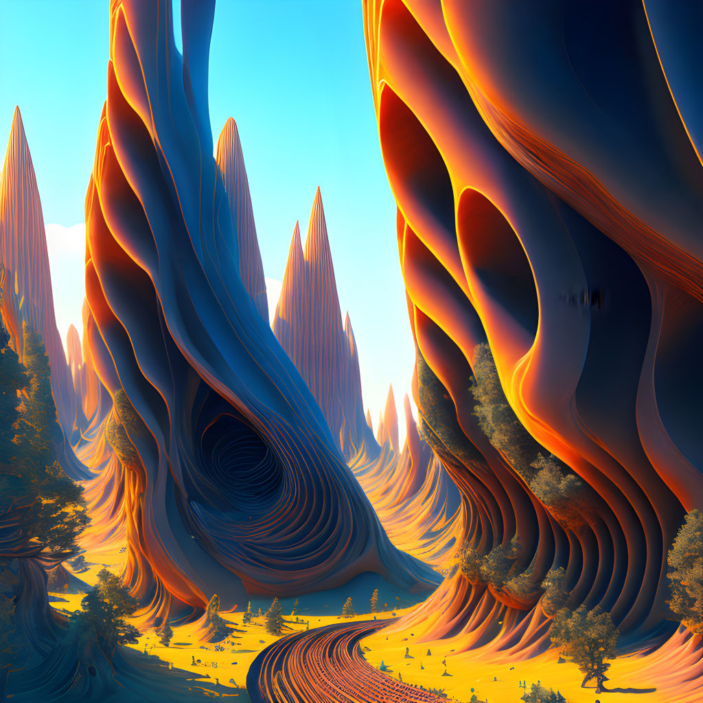 Surreal landscape with towering rock formations and golden foliage