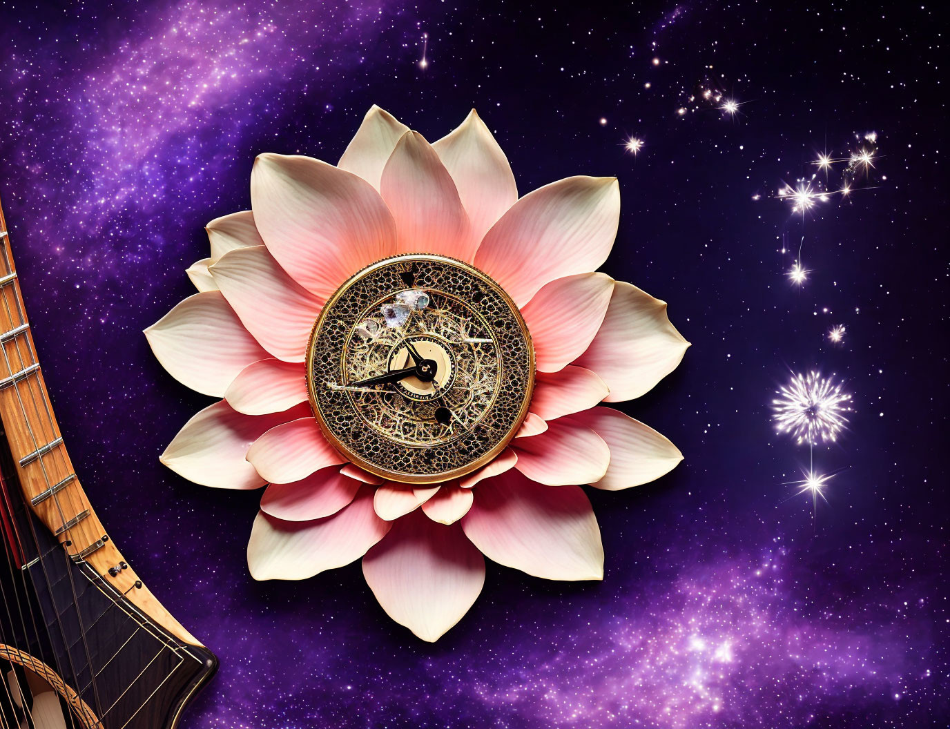 Stars backdrop with lotus flower, clockwork, and instrument detail.