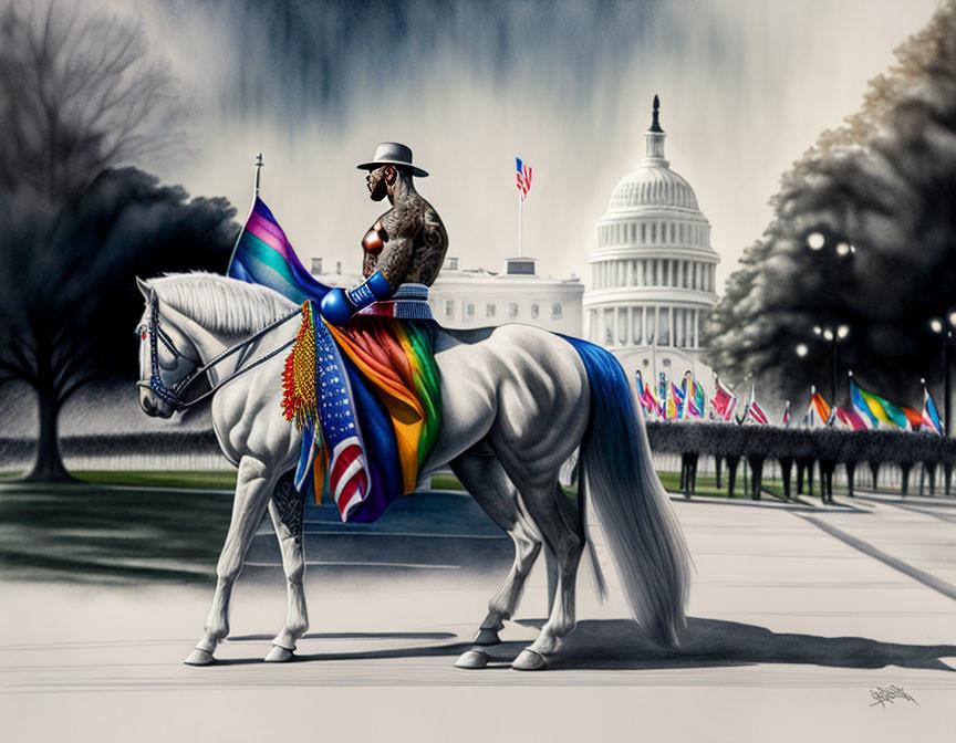 Cowboy Hat Person on White Horse with Pride Flag at U.S. Capitol