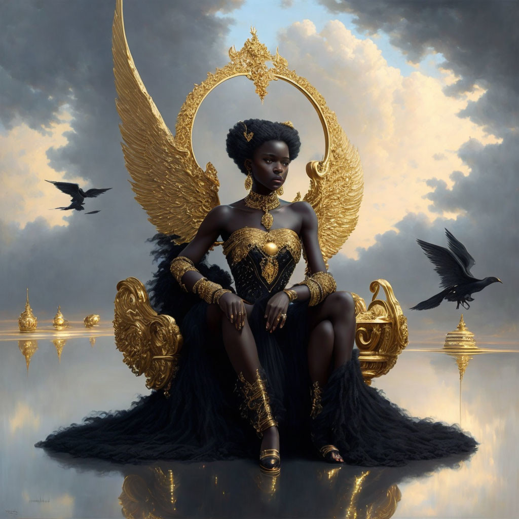 Dark-skinned woman on golden throne with elegant jewelry under dramatic sky