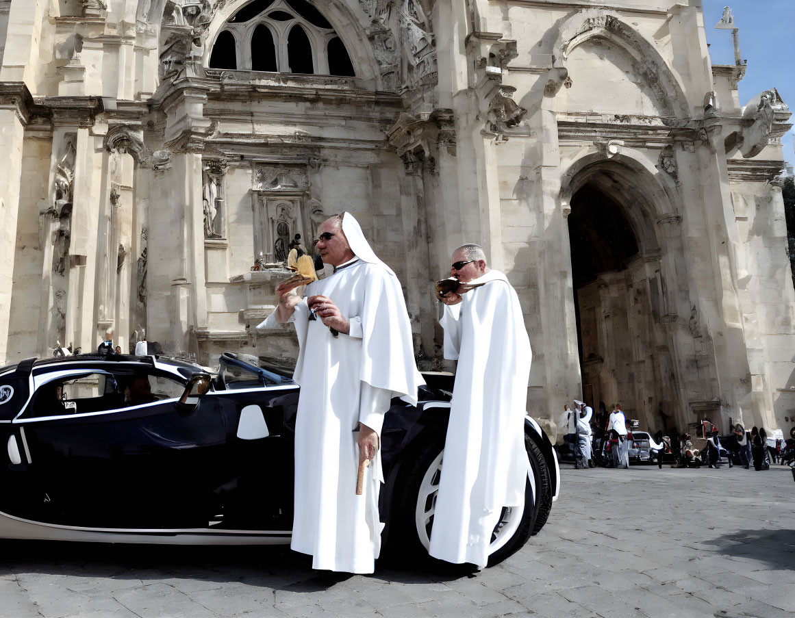 Religious figures in white robes near historic building and convertible car