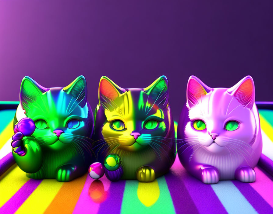 Vibrant Neon Cat Figures on Striped Surface in Purple Background