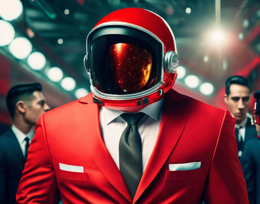 Red Suit with White Tie Retro Astronaut Helmet Stands Out