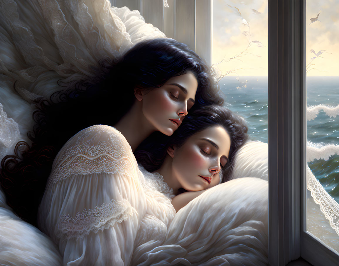 Two women with dark hair peacefully asleep by a window overlooking tranquil sea with seagulls.