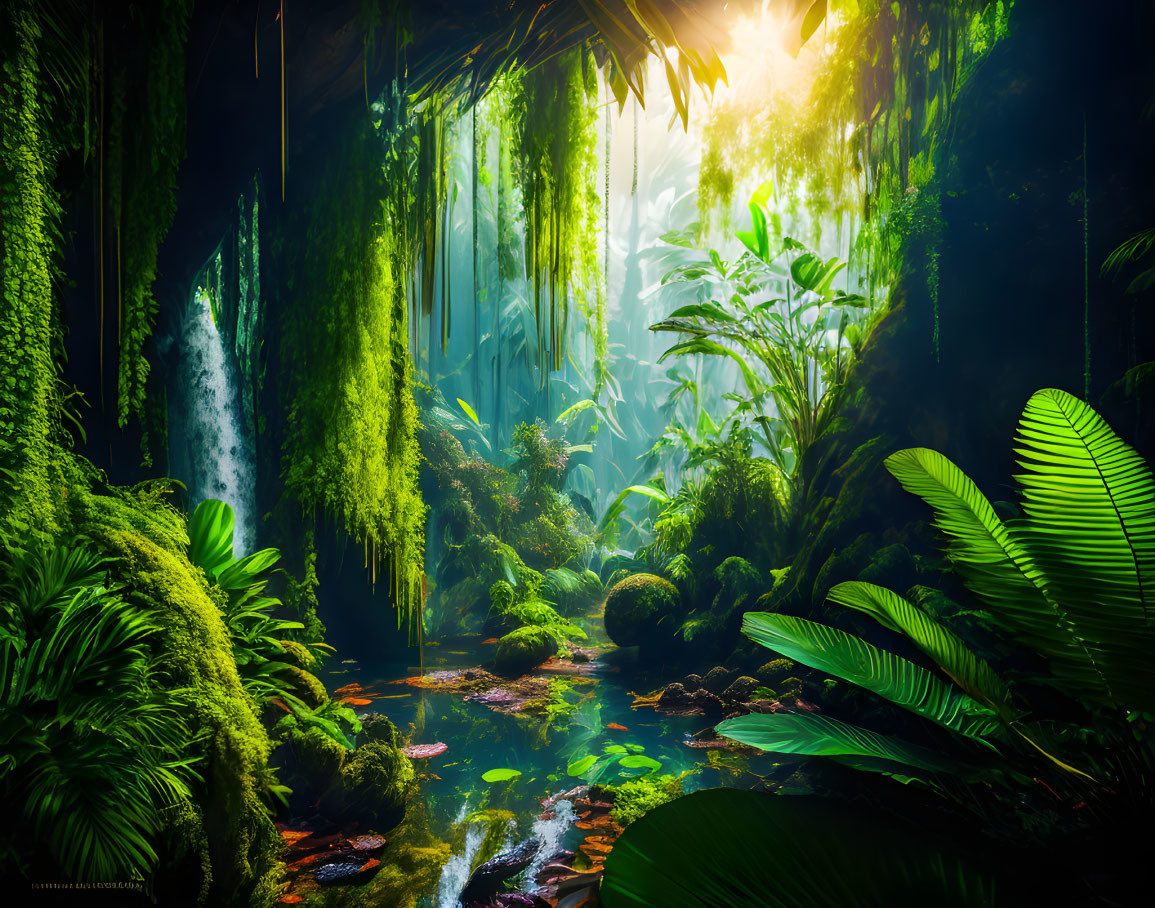 Vibrant foliage and waterfall in lush green forest