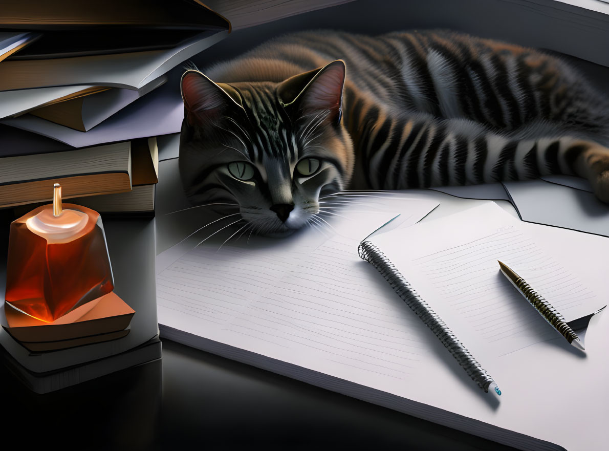 Striped cat on desk with books, candle, open notebook.