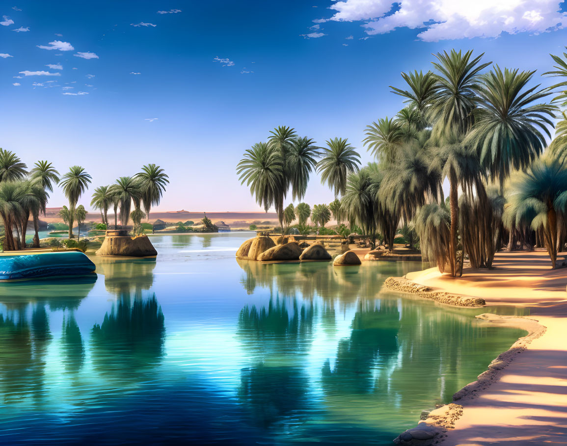 Tranquil oasis: tall palm trees, clear sky, blue waters