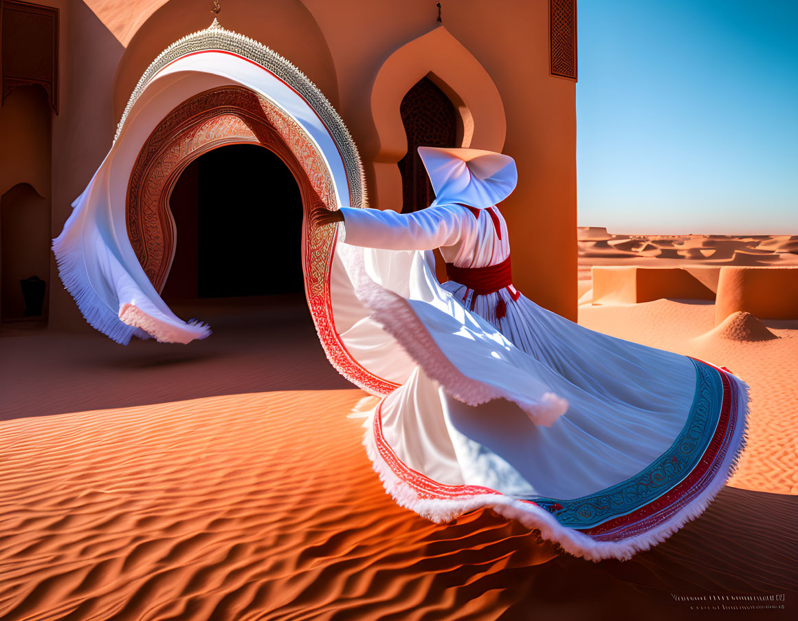 Traditional attire dancer swirls skirt in desert near ornate arched doorway