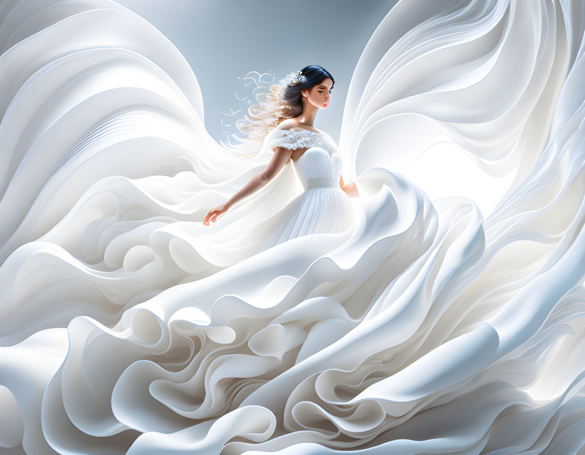 Graceful Woman in White Dress with Flowing Fabric