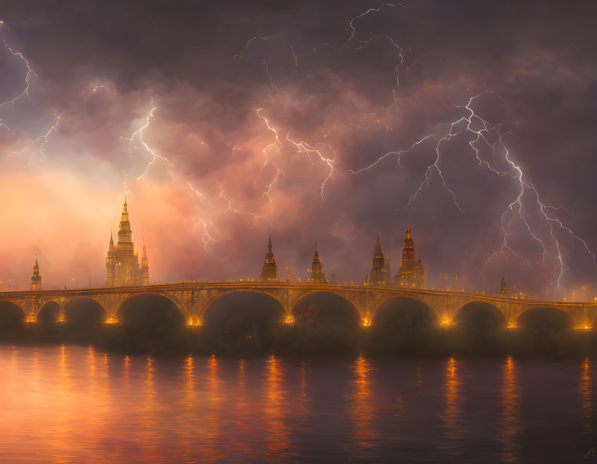 Dramatic cityscape bridge scene under lightning storm sky