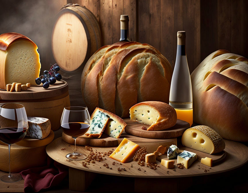 Rustic still life featuring wine, cheeses, bread, grapes, and wine barrel