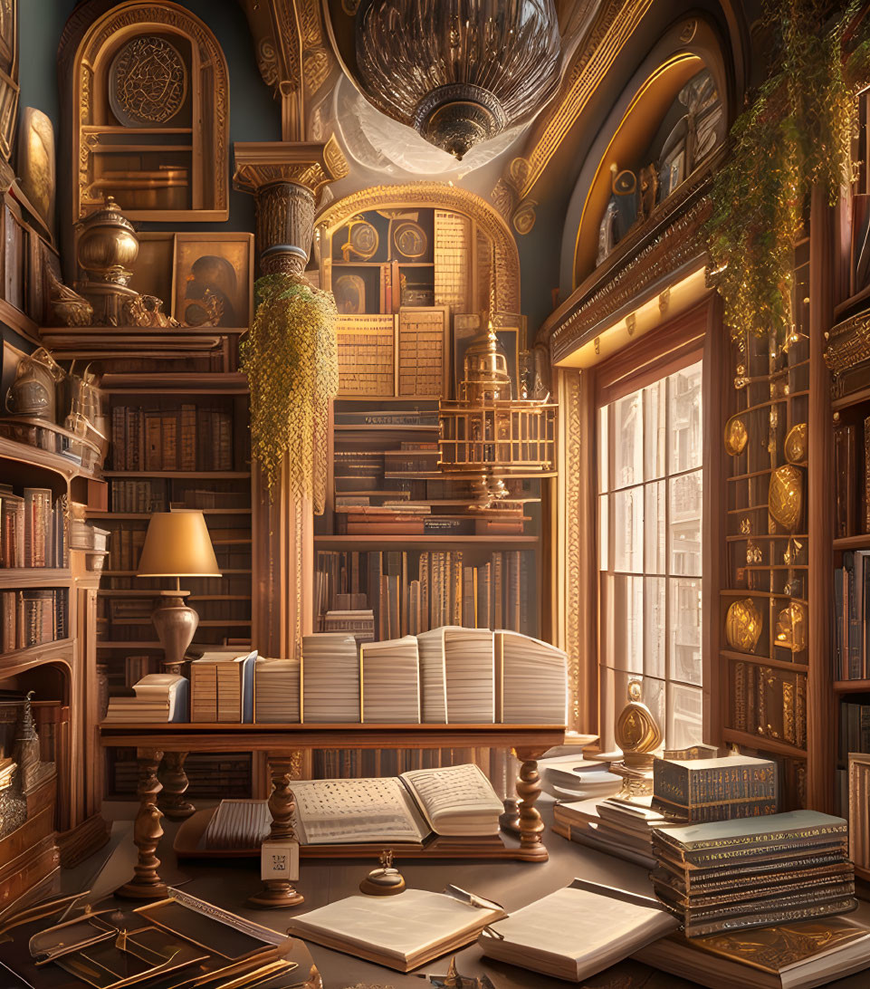 Well-lit library with towering bookshelves and ornate chandelier