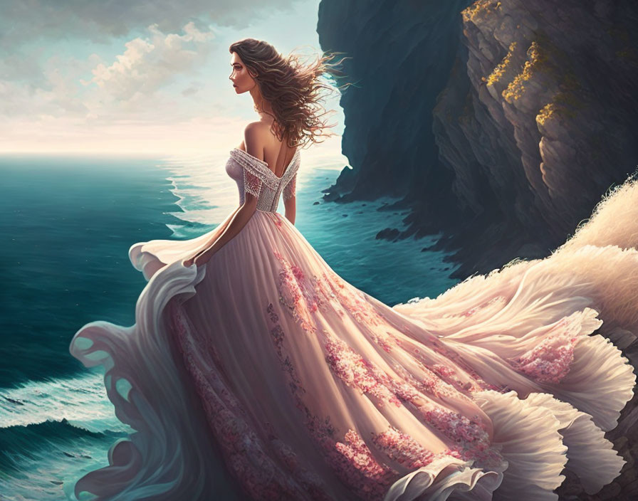 Woman in flowing dress gazes at sea from cliff