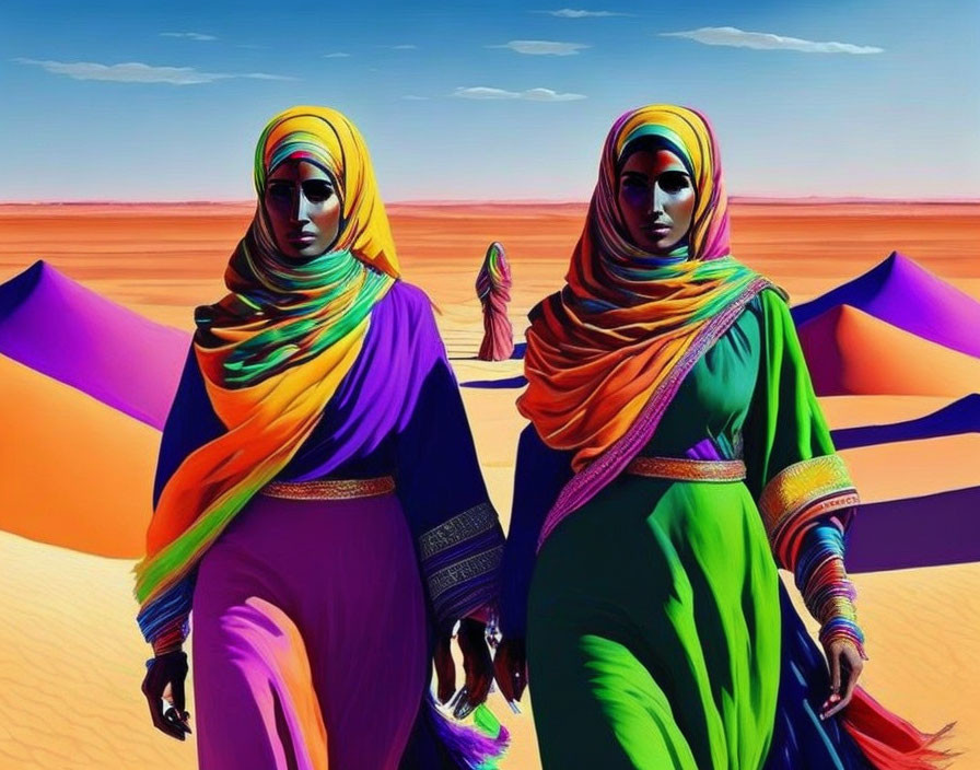 Vibrant desert scene: two women in colorful traditional attire walking.