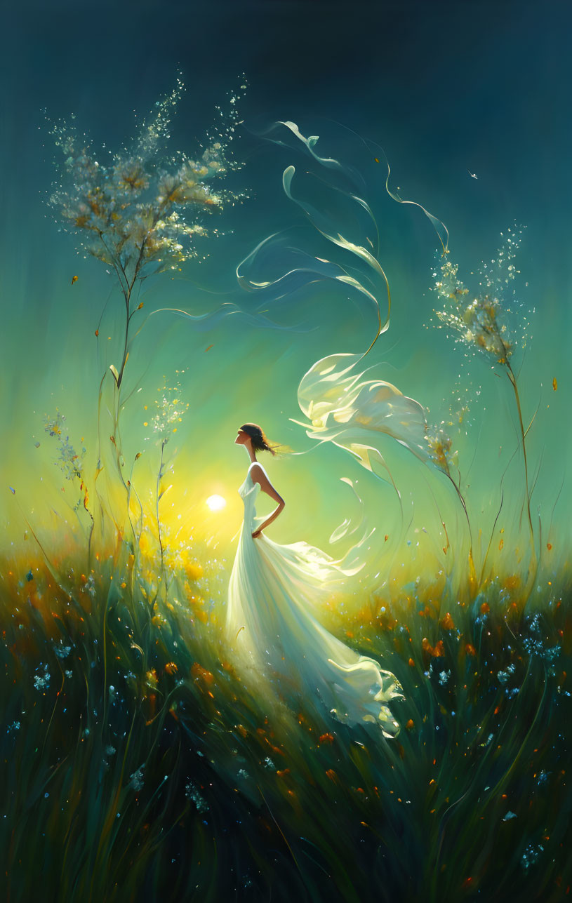 Ethereal figure in flowing gown in lush meadow at dusk