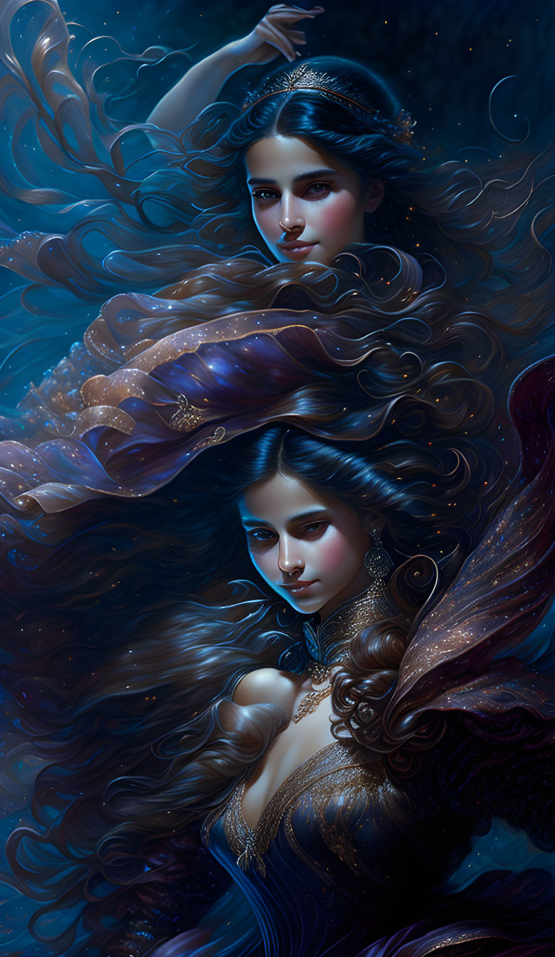 Digital artwork: Two women with flowing hair and elaborate garments in mystical blue ambiance