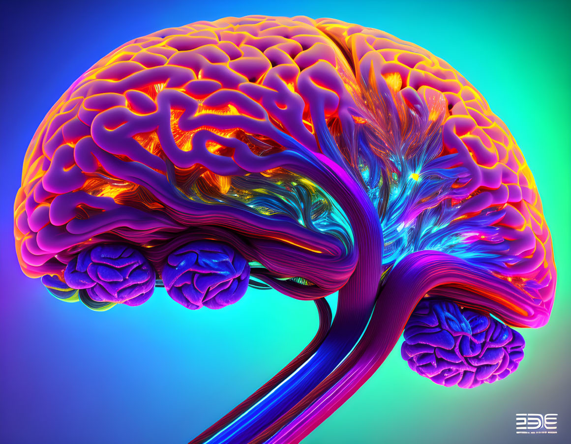 Colorful 3D-rendered human brain with neon neural pathways