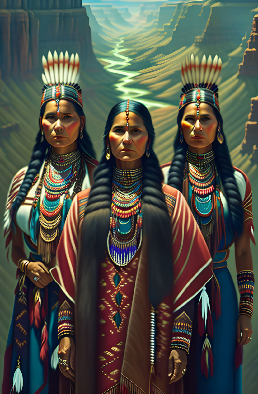 Three women in traditional Native American attire against canyon backdrop