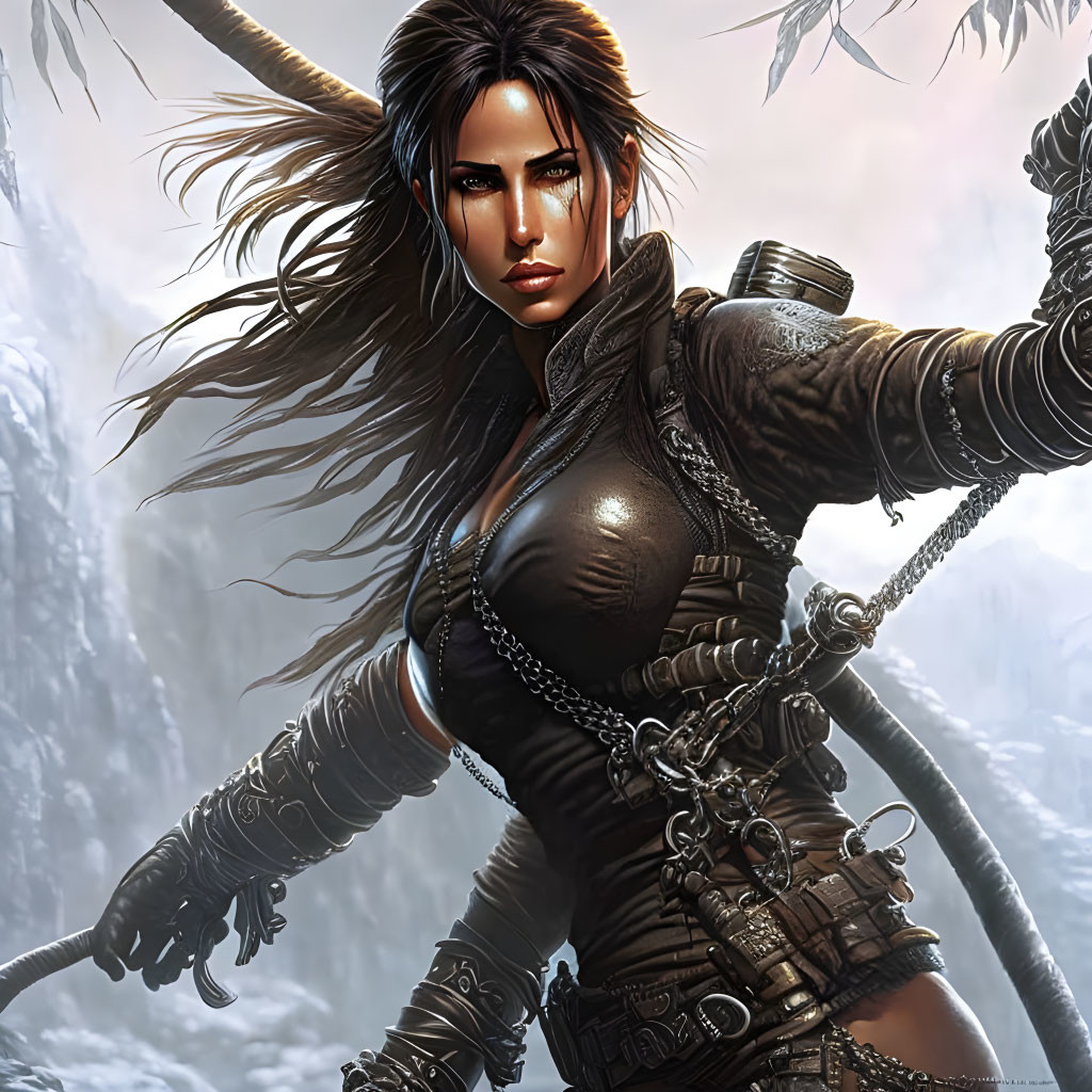 Female warrior digital art: long hair, leather outfit, gauntlets, chains, snowy background