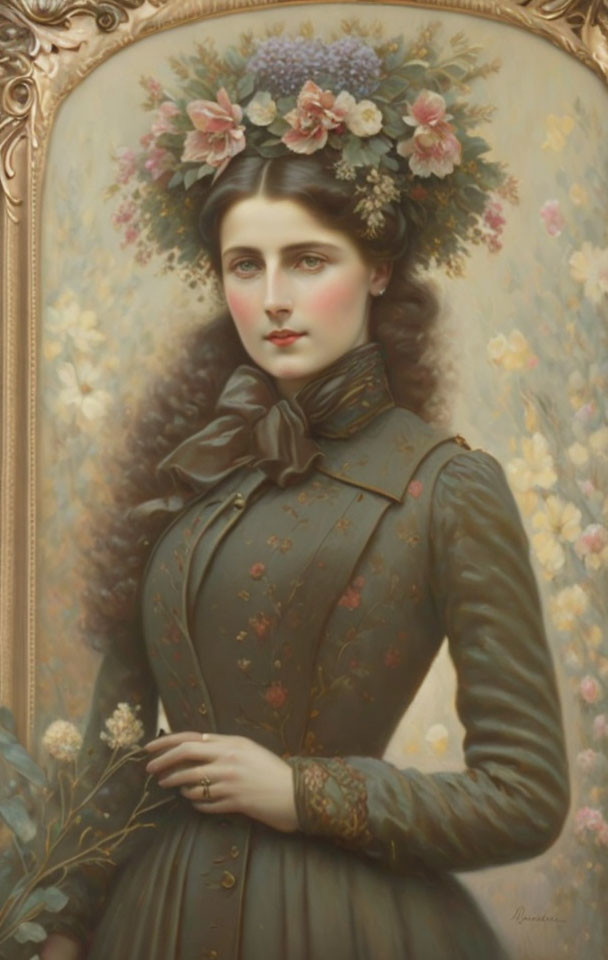 Victorian woman portrait with floral gown and bow in hair