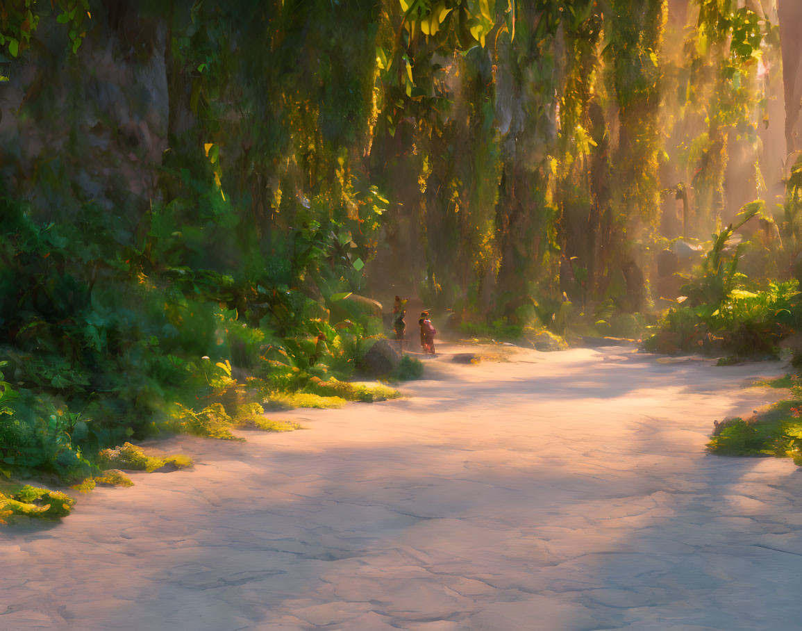 Tranquil forest path with lush greenery and small figure