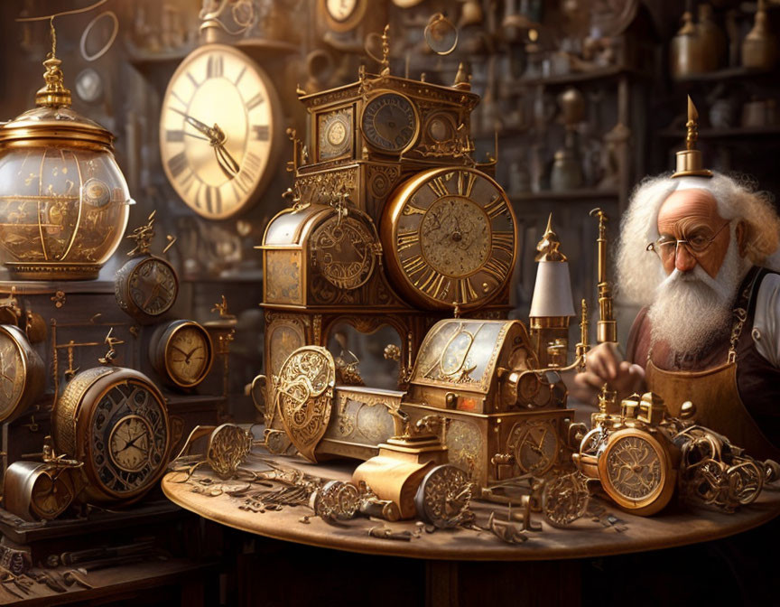 Elderly man with white beard at cluttered workbench with golden clocks