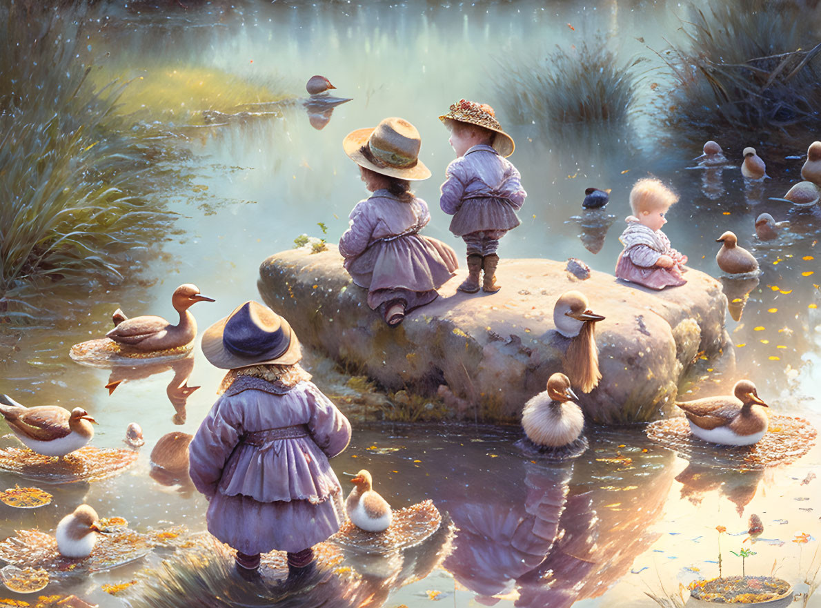 Vintage Clothing Children by Pond with Ducks in Soft Sunlight