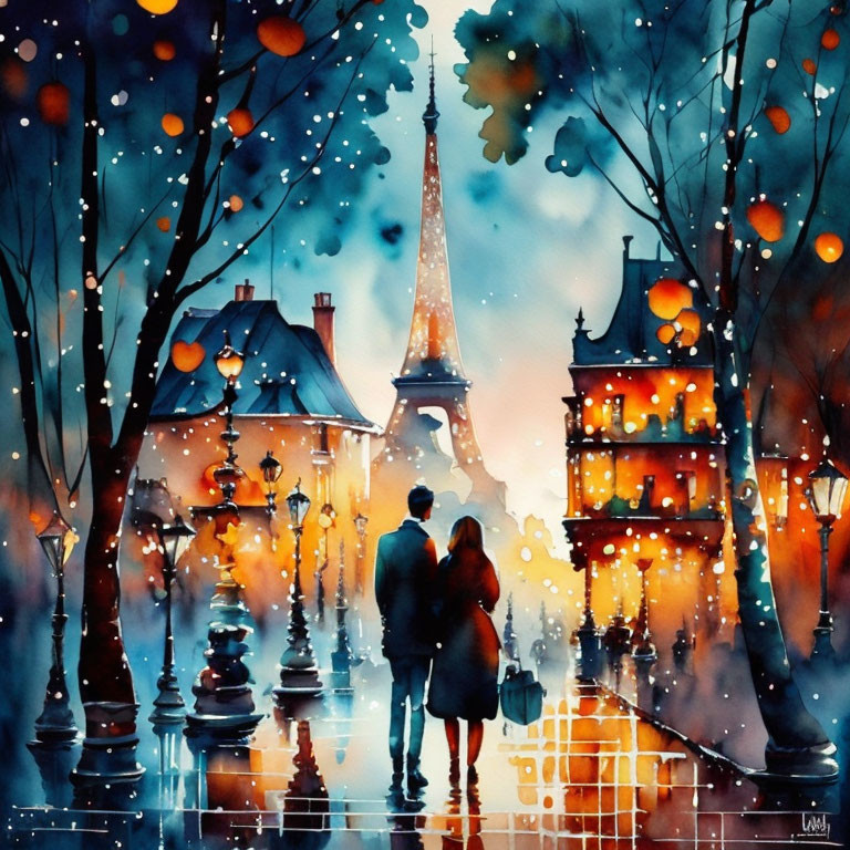 Romantic couple in Paris rain with Eiffel Tower backdrop