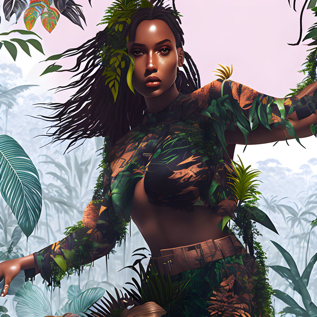 Digital artwork of woman in forest-themed outfit with fierce gaze surrounded by lush foliage