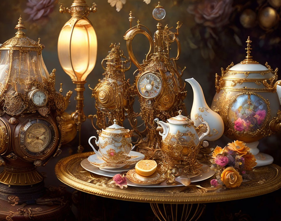 Elegant Tea Set with Teapot, Cups, and Clocks on Table with Flowers