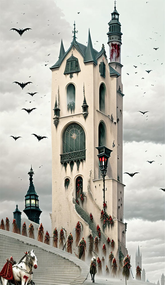 Gothic-style tower with bats, horse statue, and red banners under grey sky