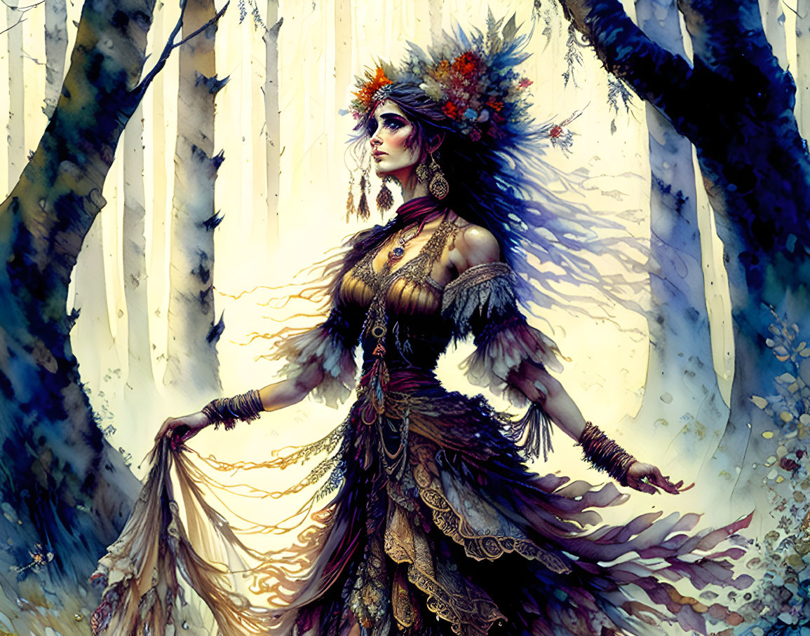 Majestic woman in ornate tribal attire in forest with feathered headpiece and jewelry.