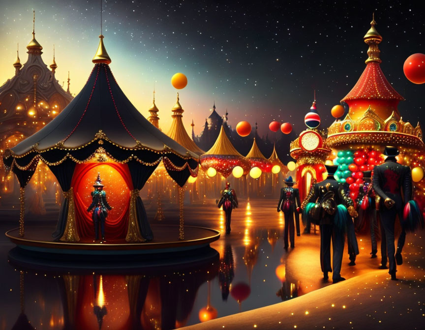 Vibrant Fantasy Carnival Night Scene with Colorful Tents and Elaborate Costumes