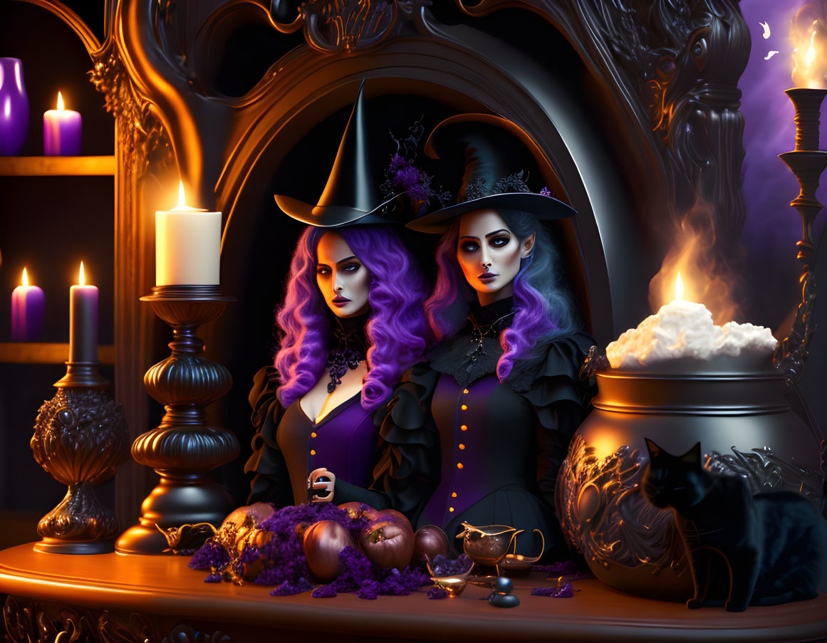 Two purple-haired witches in dark room with candles, mirror, cauldron, pumpkins, and