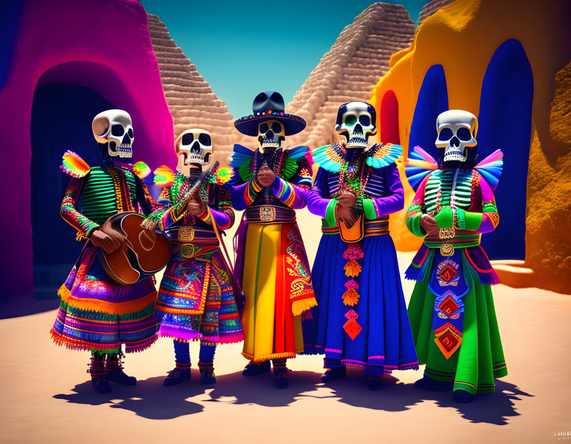 Vibrant Day of the Dead skeleton musicians in Mexican attire