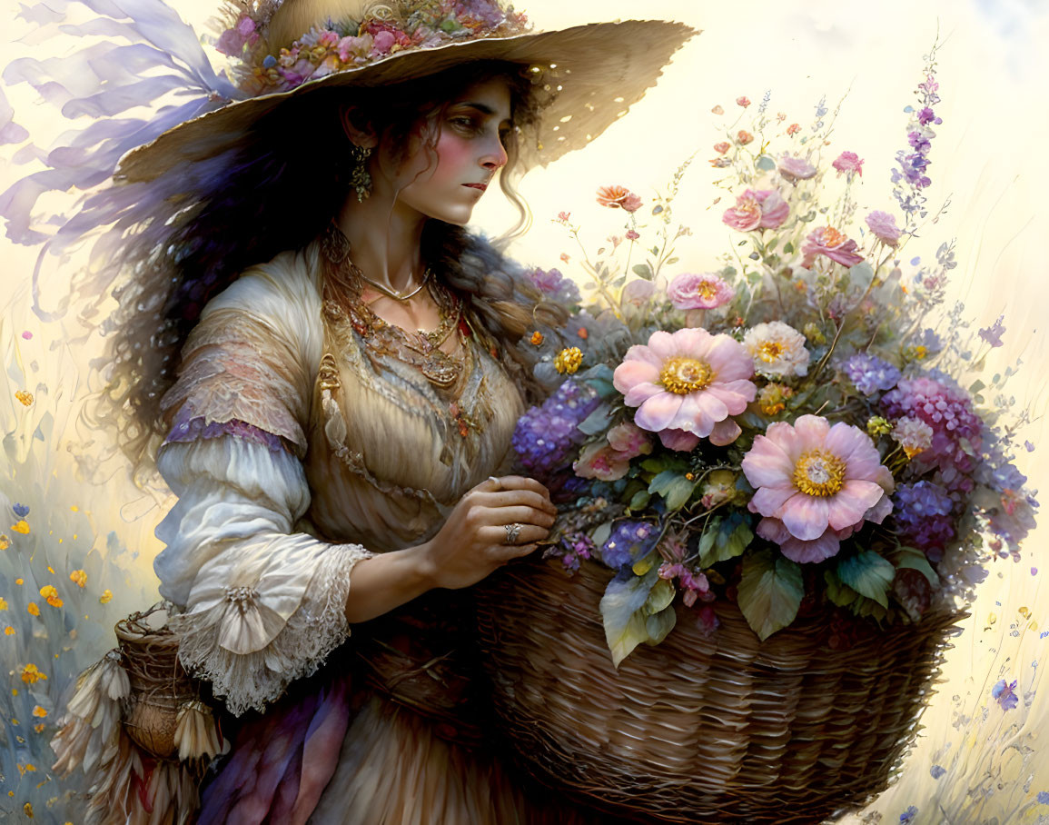 Stylish woman in floral sun hat with basket of colorful flowers