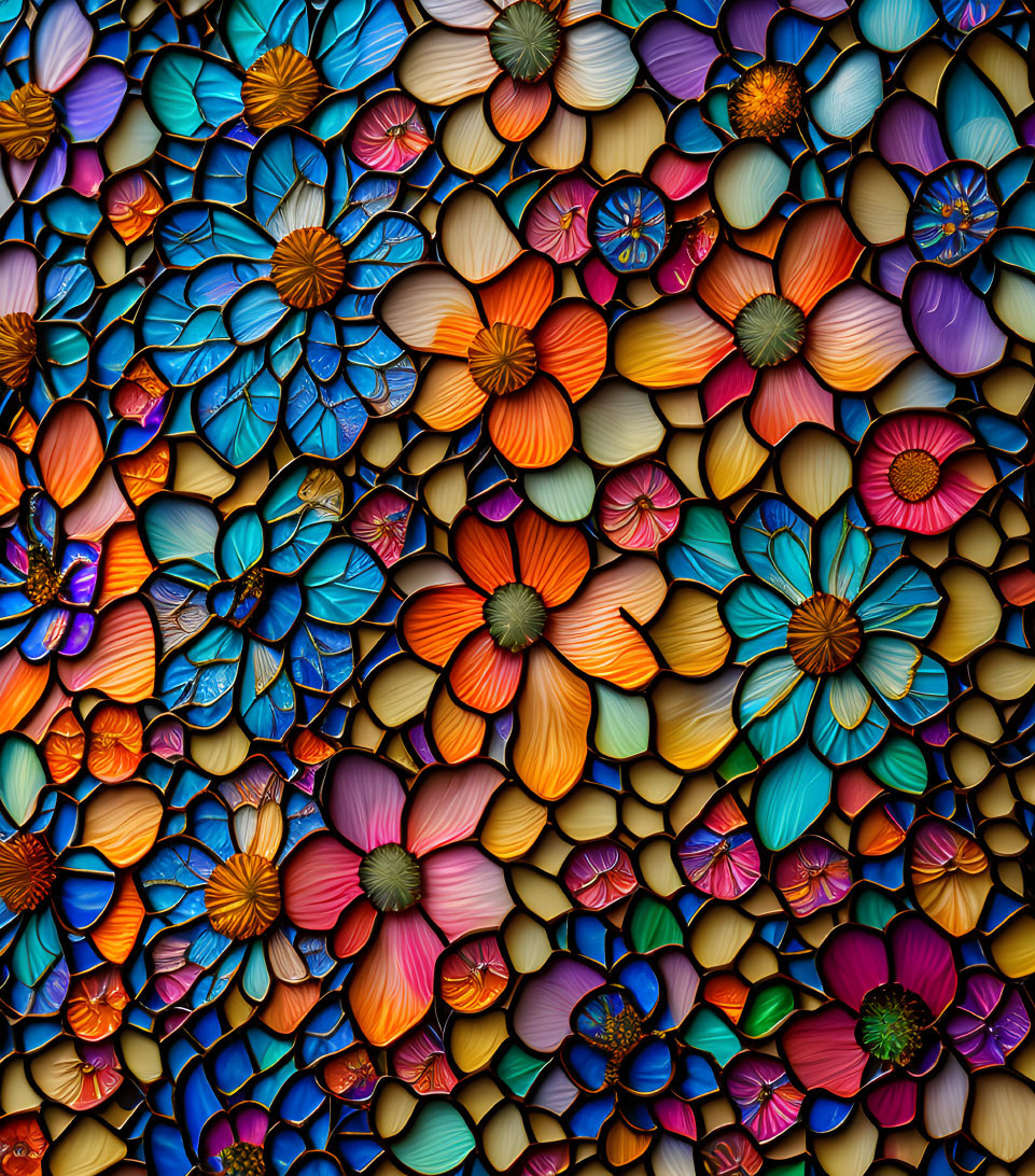 Colorful Stylized Flower Mosaic in Blue, Orange, Purple & Red