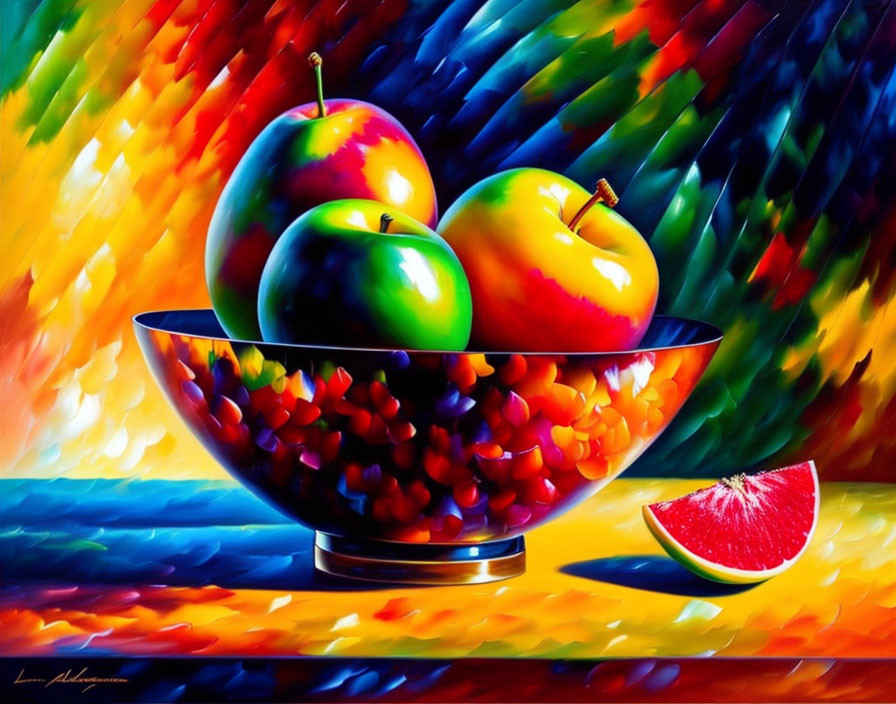 Colorful Still Life Painting with Apples and Orange Slice