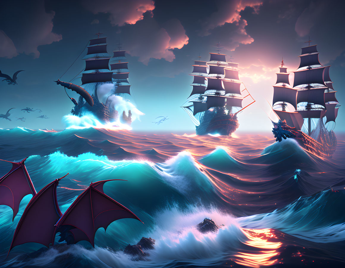 Fantasy artwork: sailing ships, dragons, turbulent sea, dramatic sky