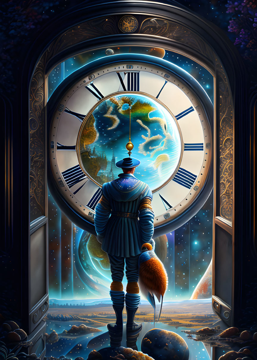 Vintage Attire Figure Contemplates Celestial Scene and Giant Clock