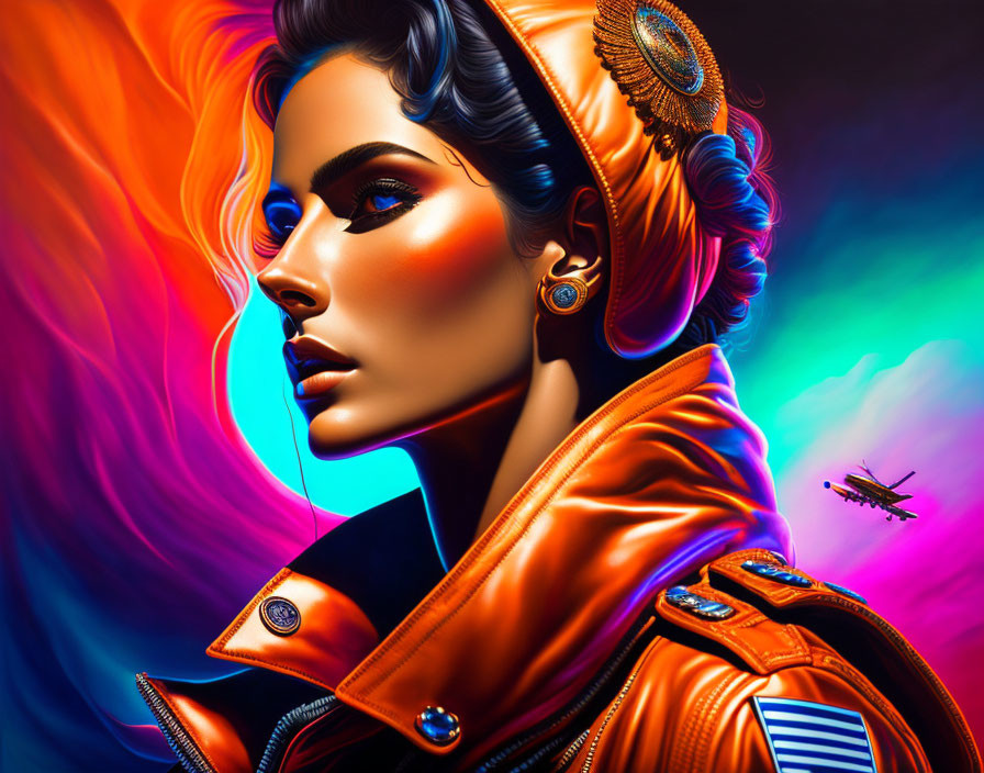 Stylized woman with blue makeup in orange jacket on iridescent background