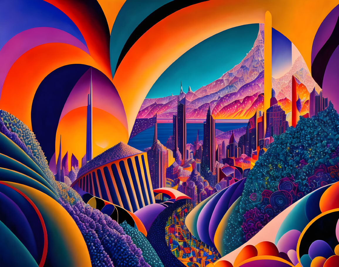 Surreal landscape with swirling patterns, cityscape, mountains, colorful sky
