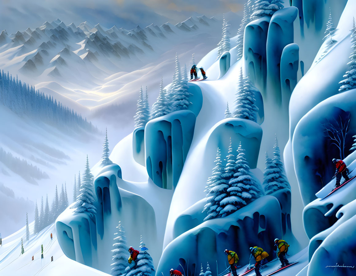 Snowy Mountain Skiers in Winter Landscape