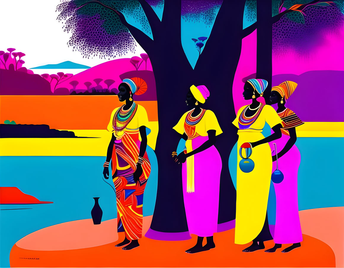 Colorful African women in traditional attire by river at sunset